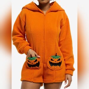 Thorn & Fable Jack-O'-Lantern Sherpa Girls Hooded Romper